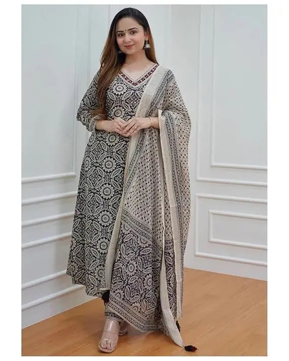 Buy Black & Off White Floral Afghani Kurti With Pant & Dupatta Set  Women’s Fashion Online - We Shine
