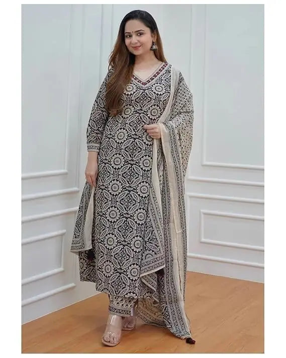 Buy Black &amp; Off White Floral Afghani Kurti With Pant &amp; Dupatta Set  Women’s Fashion Online - We Shine