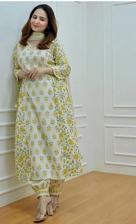 Buy Yellow Cotton Afghani Kurti With Pant &amp; Dupatta Set  Women’s Fashion Online - We Shine