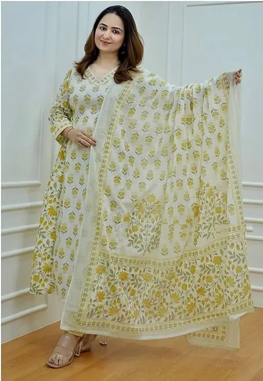 Buy Yellow Cotton Afghani Kurti With Pant &amp; Dupatta Set  Women’s Fashion Online - We Shine