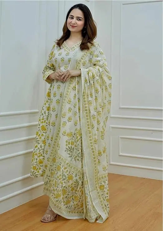Buy Yellow Cotton Afghani Kurti With Pant &amp; Dupatta Set  Women’s Fashion Online - We Shine