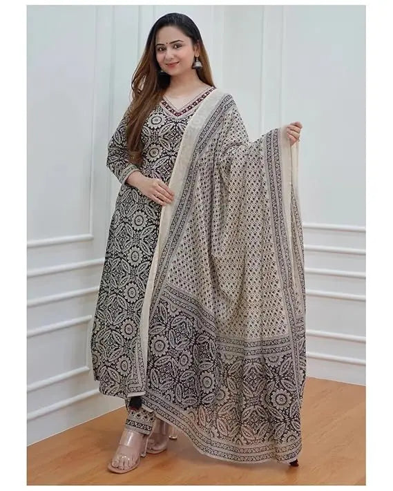 Buy Black &amp; Off White Floral Afghani Kurti With Pant &amp; Dupatta Set  Women’s Fashion Online - We Shine