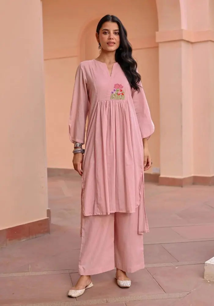 Buy Elegant Light Pink Cotton Kurta with Floral Embroidery  Women’s Fashion Online - We Shine