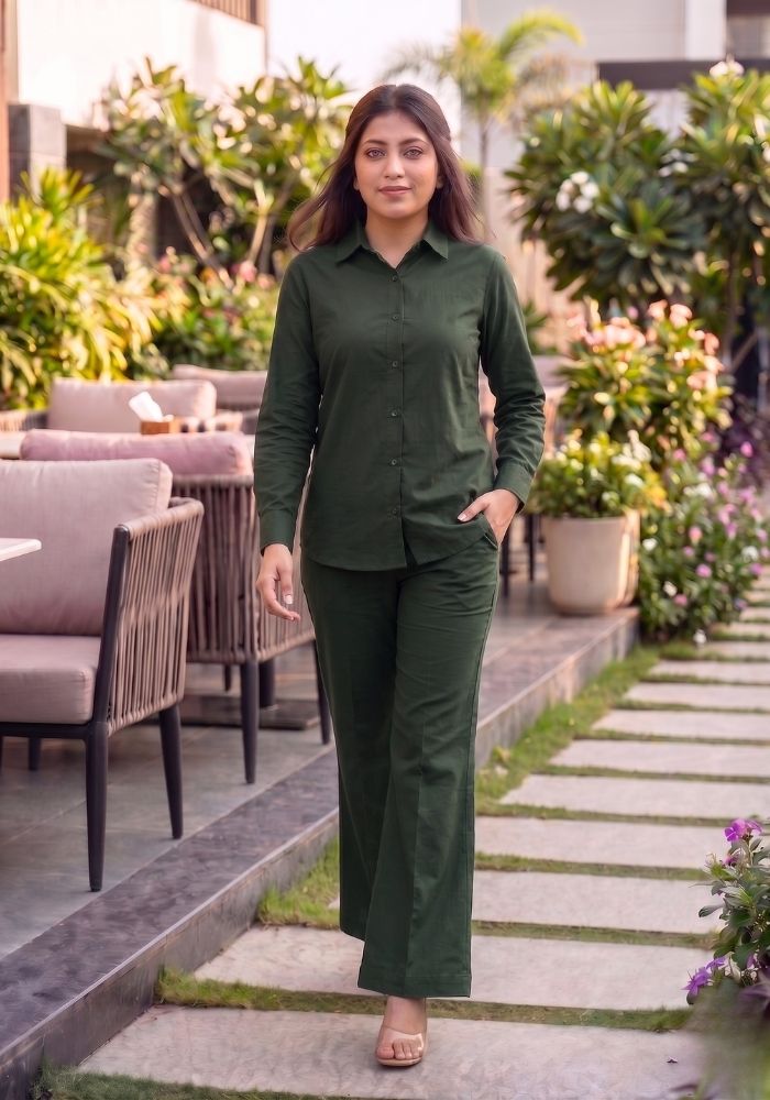 Women’s Cotton Shirt &amp; Flared Pant Teal Green Co-Ord Set