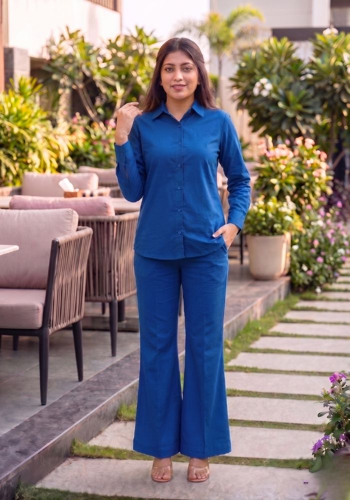 Women’s Cotton Shirt &amp; Flared Pant Blue Co-Ord Set
