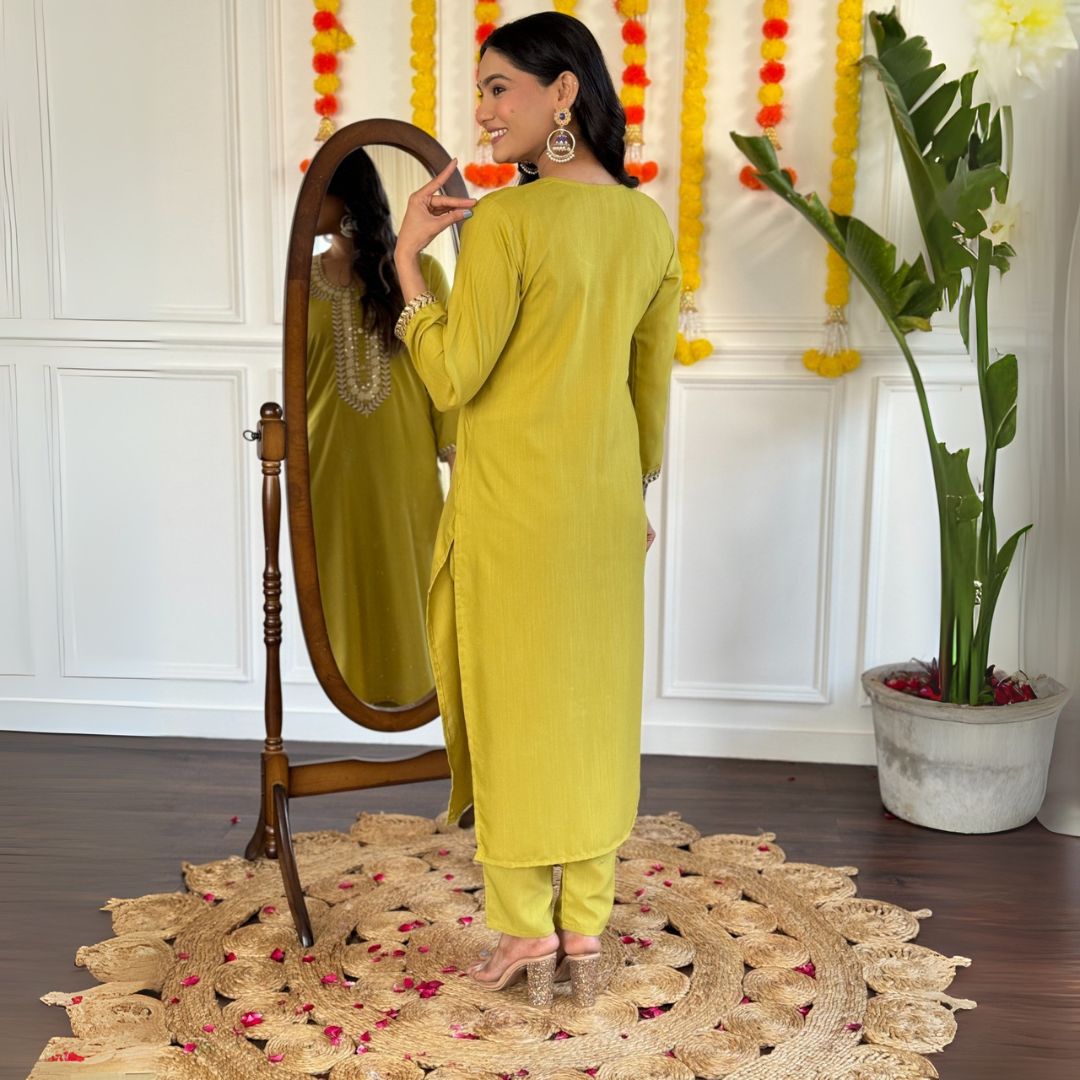 Olive-Gold Embroidered Suit Set with Royal Purple Dupatta