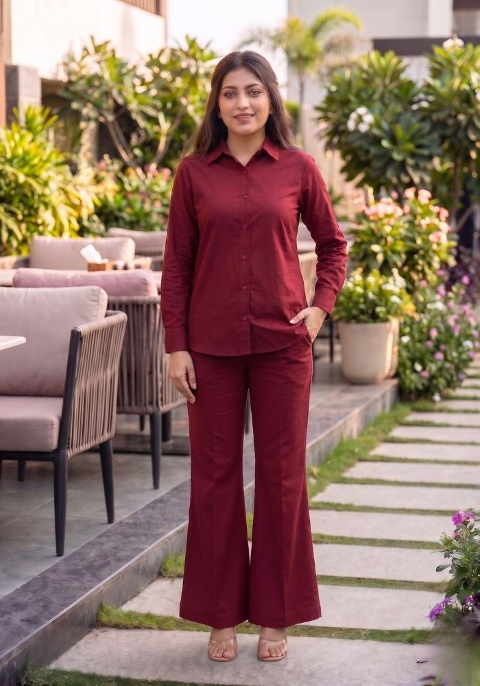 Women’s Cotton Shirt &amp; Flared Pant Maroon Co-Ord Set