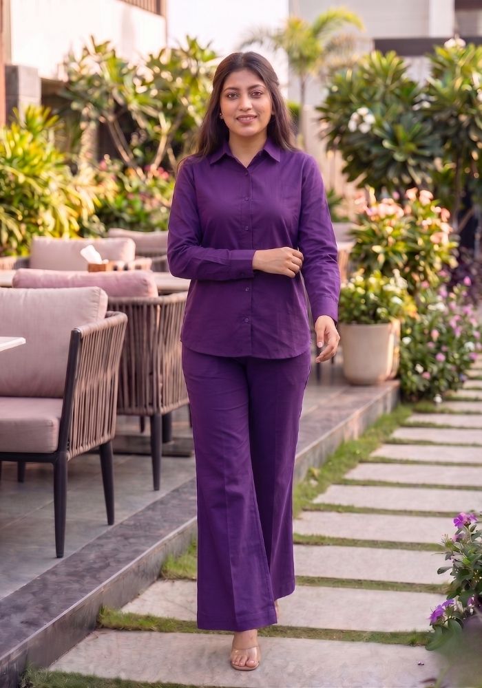 Women’s Cotton Shirt &amp; Flared Pant Purple Co-Ord Set