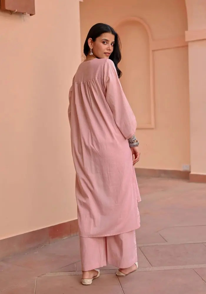Buy Elegant Light Pink Cotton Kurta with Floral Embroidery  Women’s Fashion Online - We Shine
