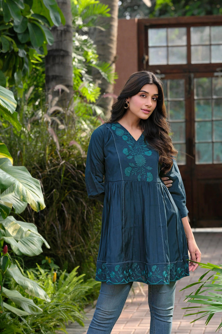Buy Heavy Silk Blue Embroidery Tunic Women’s Fashion Online - We Shine India