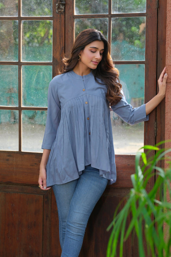 Casual Heavy Rayon Solid Sky Long Sleeve Tunic