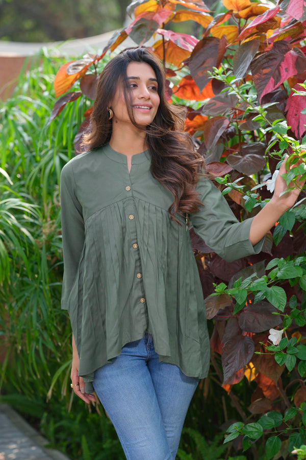 Heavy Rayon Solid Green Long Sleeve Tunic