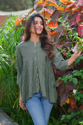 Casual Heavy Rayon Solid Green Long Sleeve Tunic