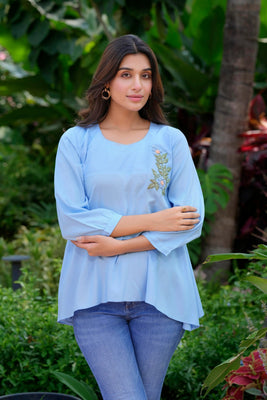 Casual Heavy Rayon With Handwork Sky Tunic