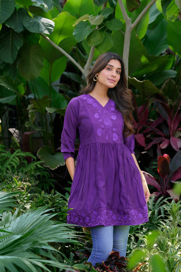 Heavy Silk Purple Embroidery Stylish Tunic