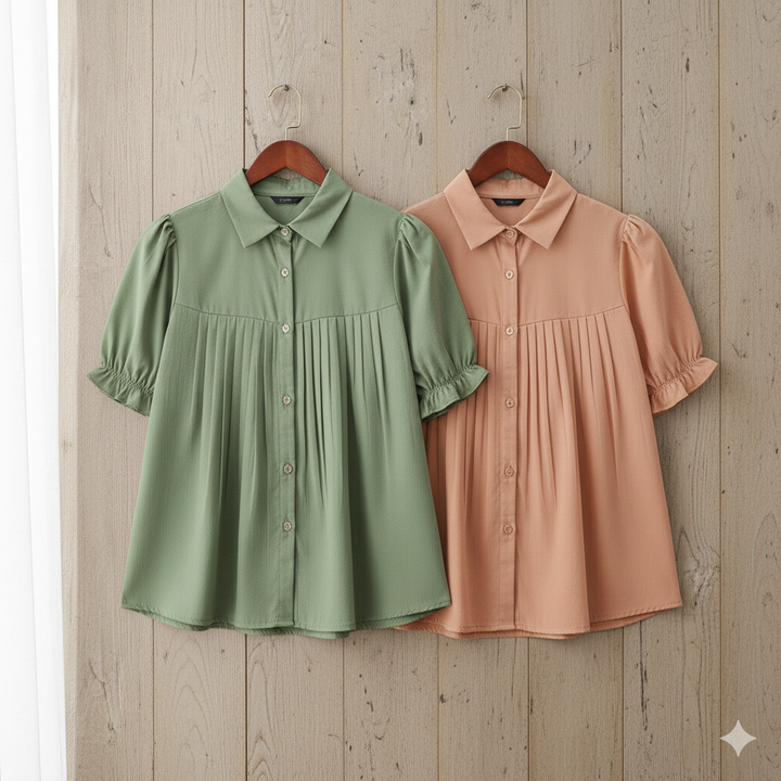 Stylish Peach &amp; Green Puff Sleeve Pleated Top for Women
