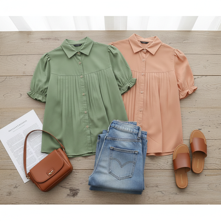 Stylish Peach &amp; Green Puff Sleeve Pleated Top for Women