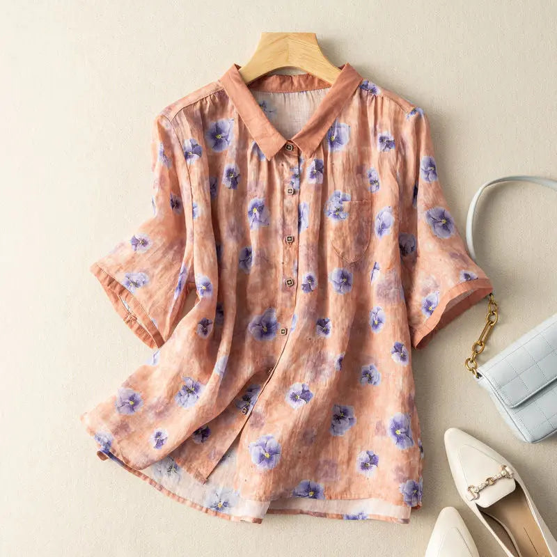 Buy Lapel Button-Down Short Sleeve Printed Top Women’s Fashion Online - We Shine India