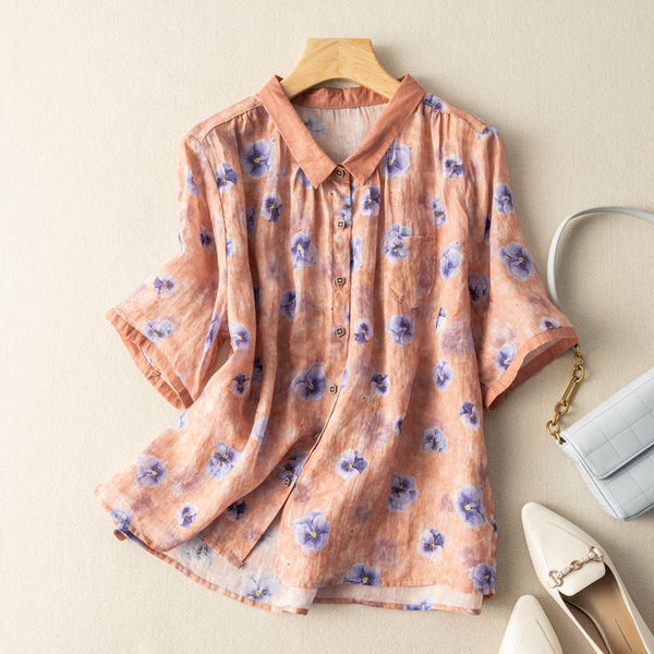 Lapel Button-Down Short Sleeve Printed Top