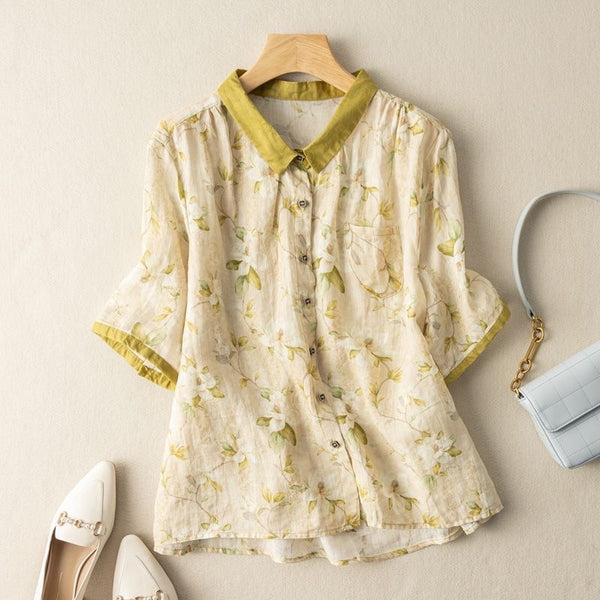 Lapel Button-Down Short Sleeve Printed Top