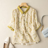 Lapel Button-Down Short Sleeve Printed Top