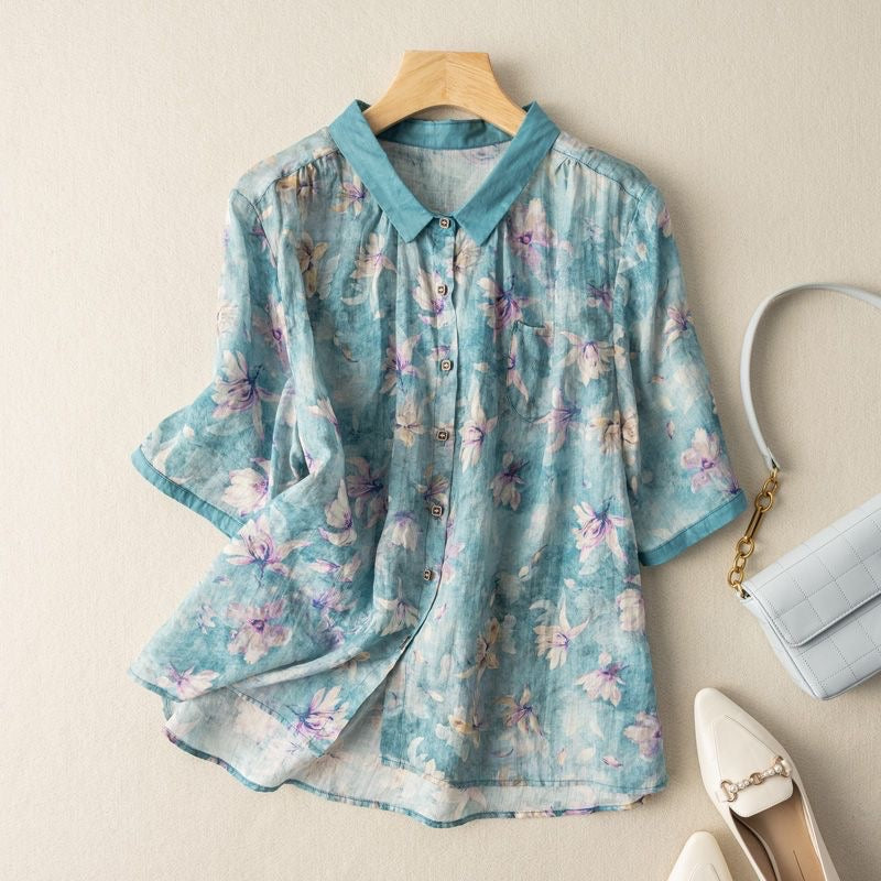 Lapel Button-Down Short Sleeve Printed Top – We Shine