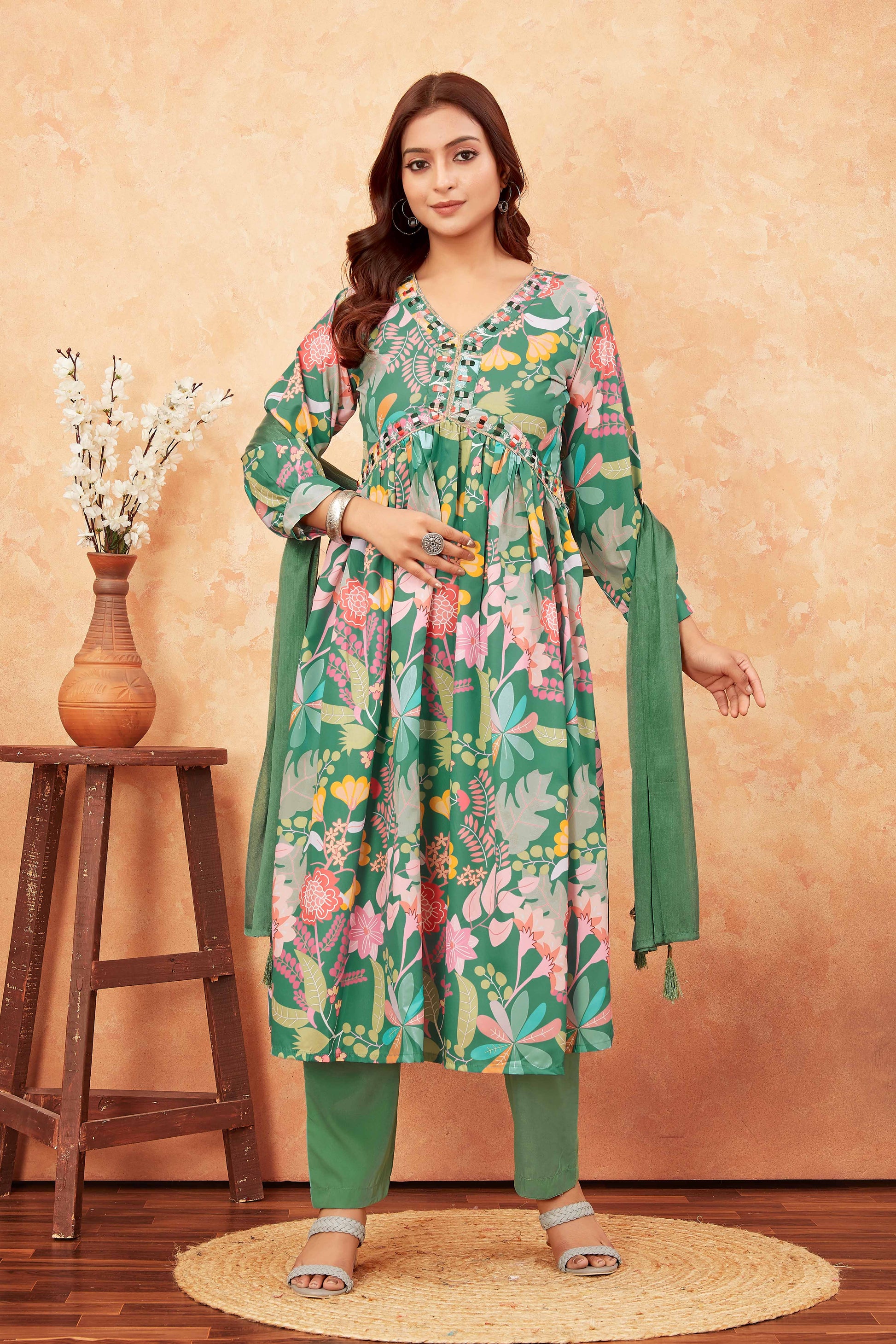 Buy Green Floral Alia Cut Printed Suit Set Women’s Fashion Online - We Shine India