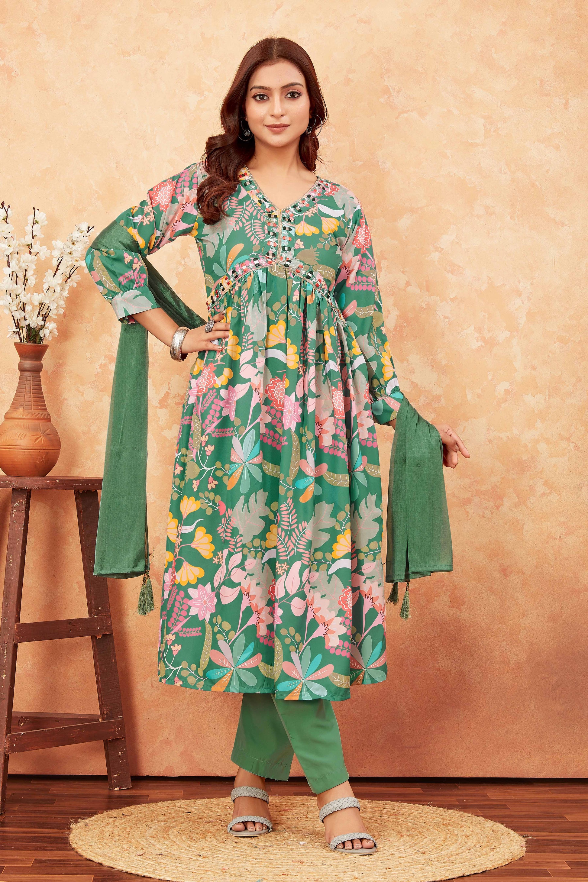Buy Green Floral Alia Cut Printed Suit Set Women’s Fashion Online - We Shine India