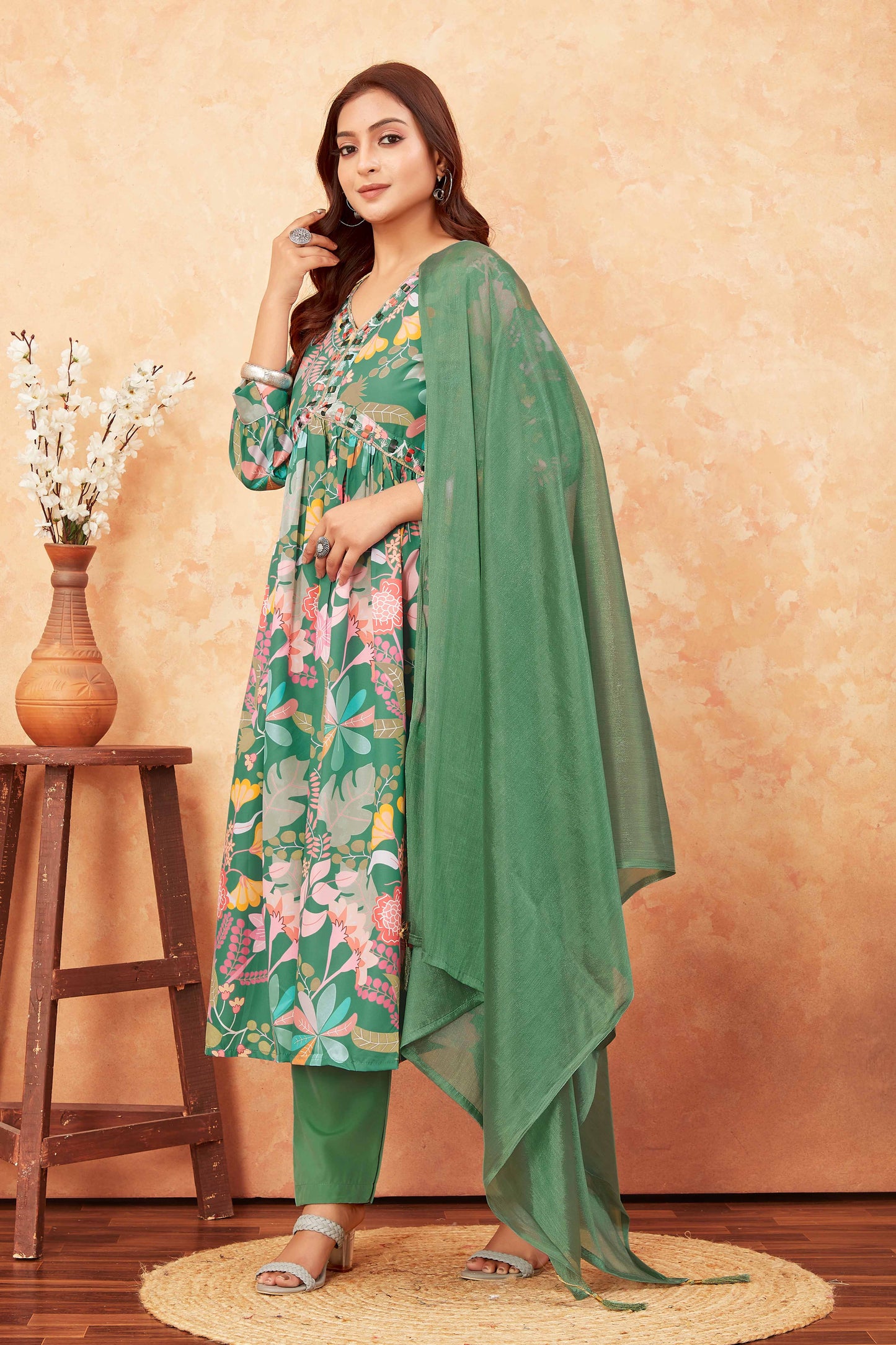 Buy Green Floral Alia Cut Printed Suit Set Women’s Fashion Online - We Shine India