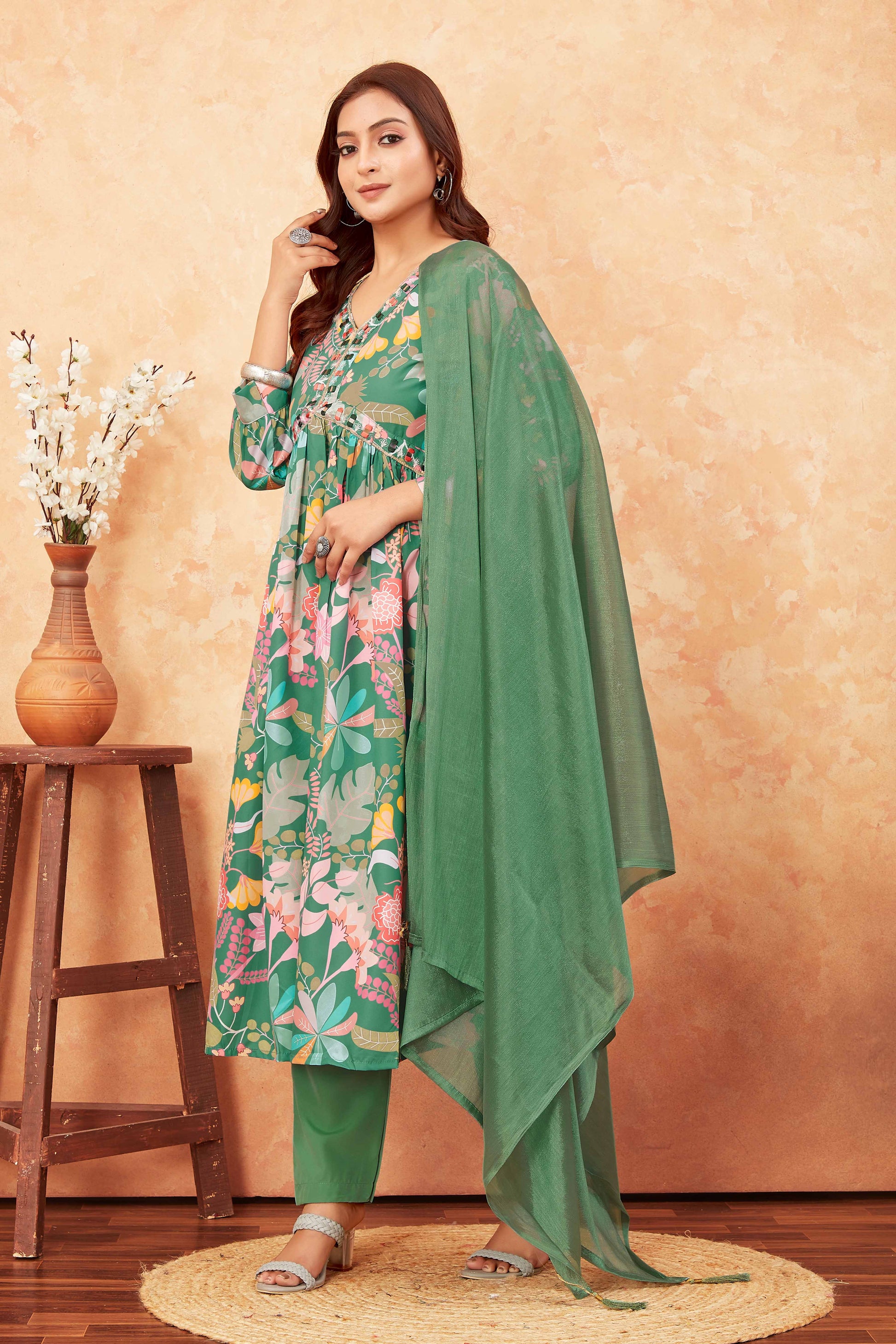 Buy Green Floral Alia Cut Printed Suit Set Women’s Fashion Online - We Shine India