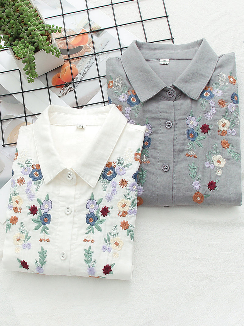 Women's Floral Embroidery Cotton Shirt