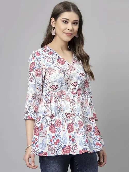 Buy White & Red Rayon Floral Print Top Women’s Fashion Online - We Shine India