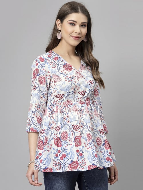 White & Red Rayon Floral Print Top