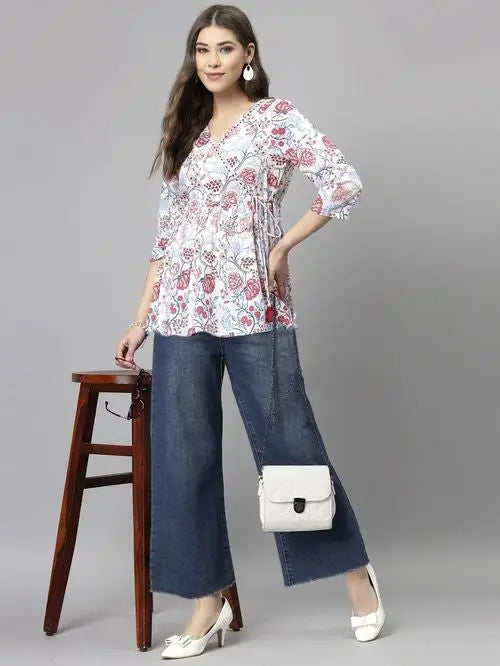 Buy White & Red Rayon Floral Print Top Women’s Fashion Online - We Shine India