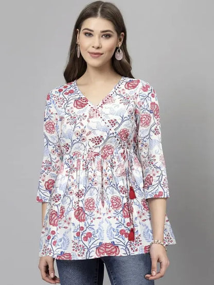 Buy White & Red Rayon Floral Print Top Women’s Fashion Online - We Shine India