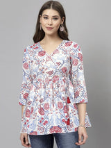 White & Red Rayon Floral Print Top