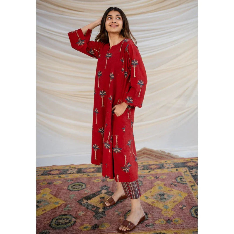 The Indian Ethnic Co. Red Ajrakh Cotton Jhabba Kali Co-ord