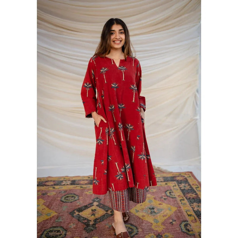 The Indian Ethnic Co. Red Ajrakh Cotton Jhabba Kali Co-ord