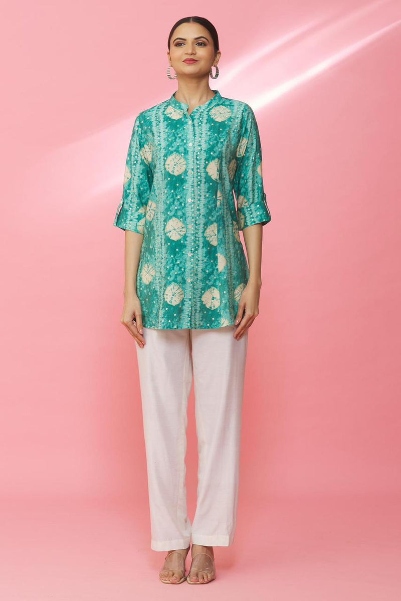 Green Rayon Geometric Print Mandarin Collar Shirt