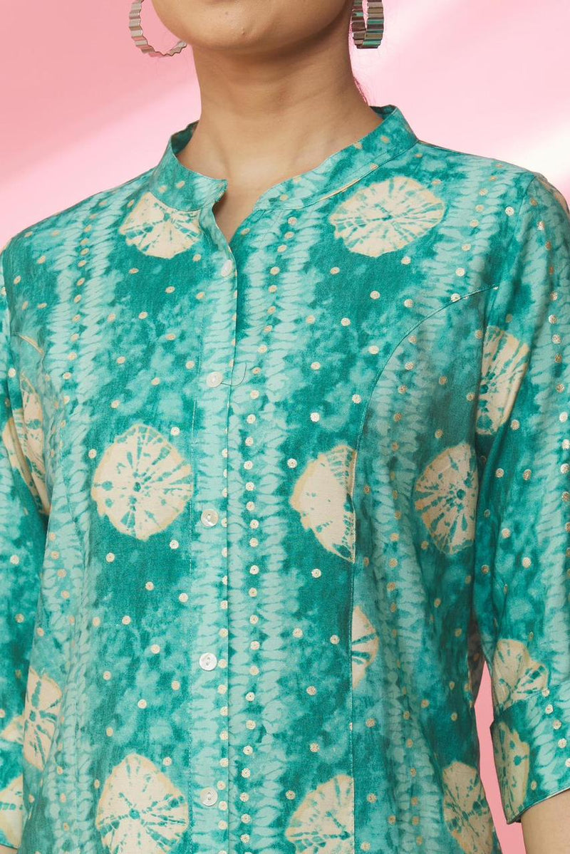 Green Rayon Geometric Print Mandarin Collar Shirt