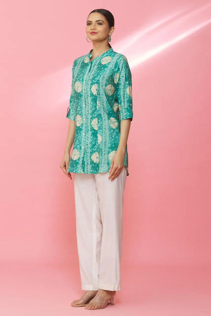 Buy Green Rayon Geometric Print Mandarin Collar Shirt Women’s Fashion Online - We Shine India