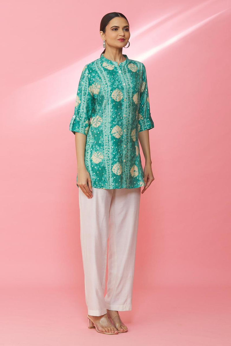 Green Rayon Geometric Print Mandarin Collar Shirt