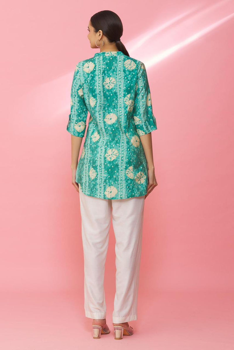 Green Rayon Geometric Print Mandarin Collar Shirt