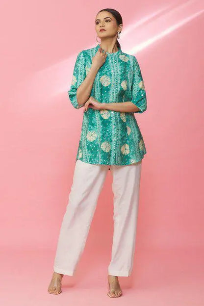 Buy Green Rayon Geometric Print Mandarin Collar Shirt Women’s Fashion Online - We Shine India