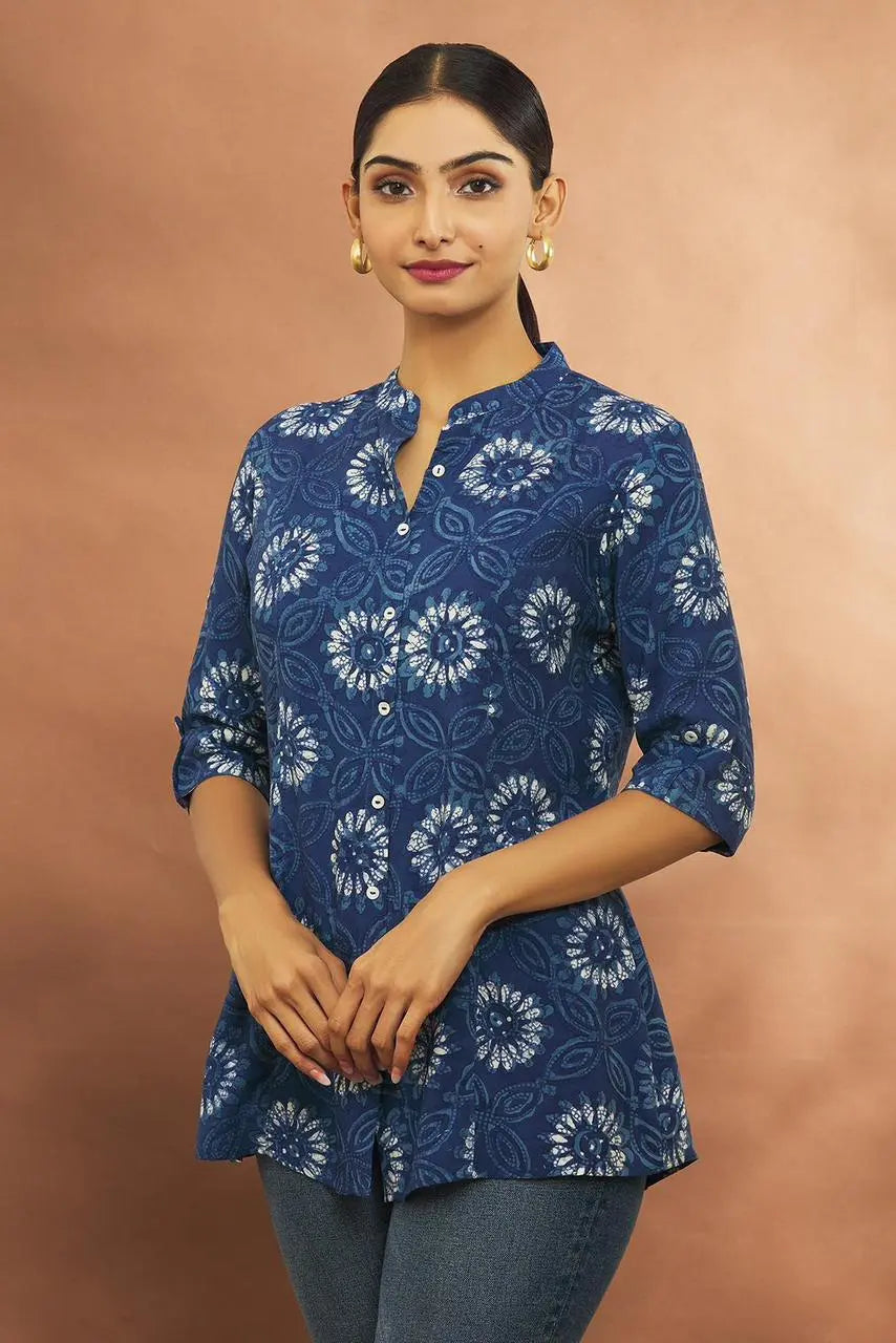 Buy Blue Rayon Floret Print Tab Sleeve Shirt Top Women’s Fashion Online - We Shine India