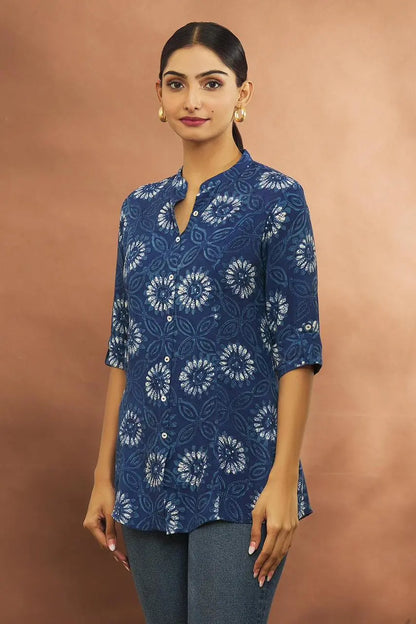 Buy Blue Rayon Floret Print Tab Sleeve Shirt Top Women’s Fashion Online - We Shine India