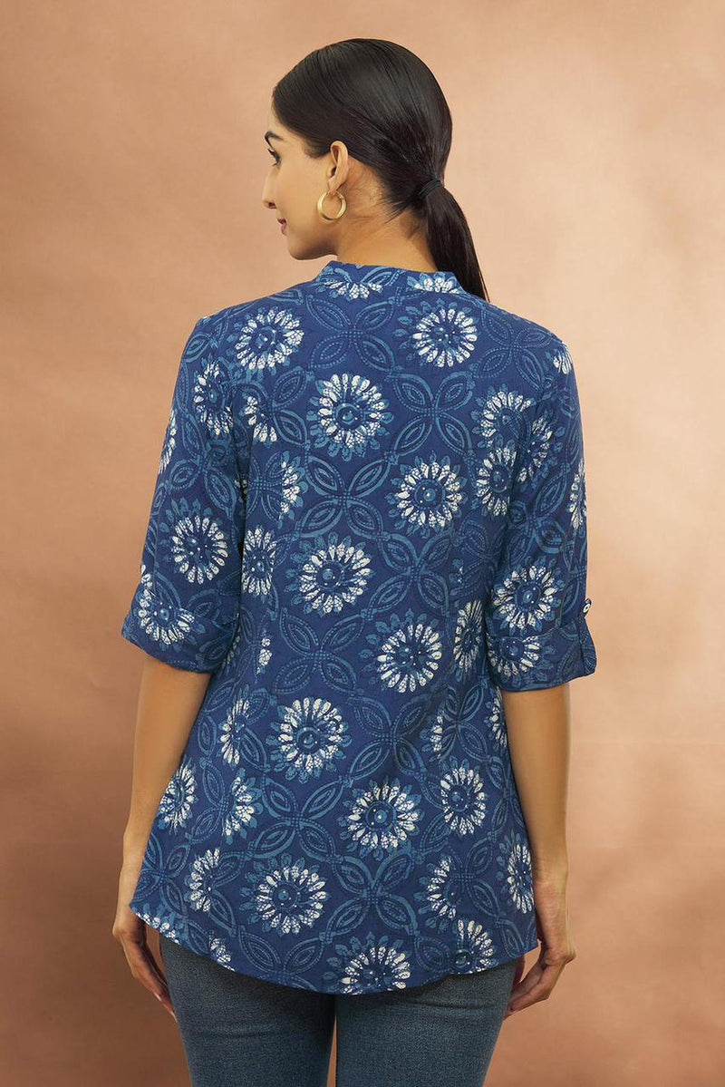 Blue Rayon Floret Print Tab Sleeve Shirt Top