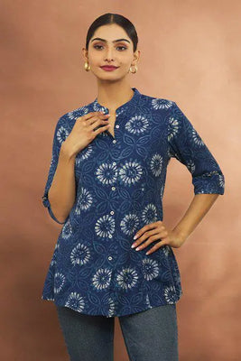 Blue Rayon Floret Print Tab Sleeve Shirt Top