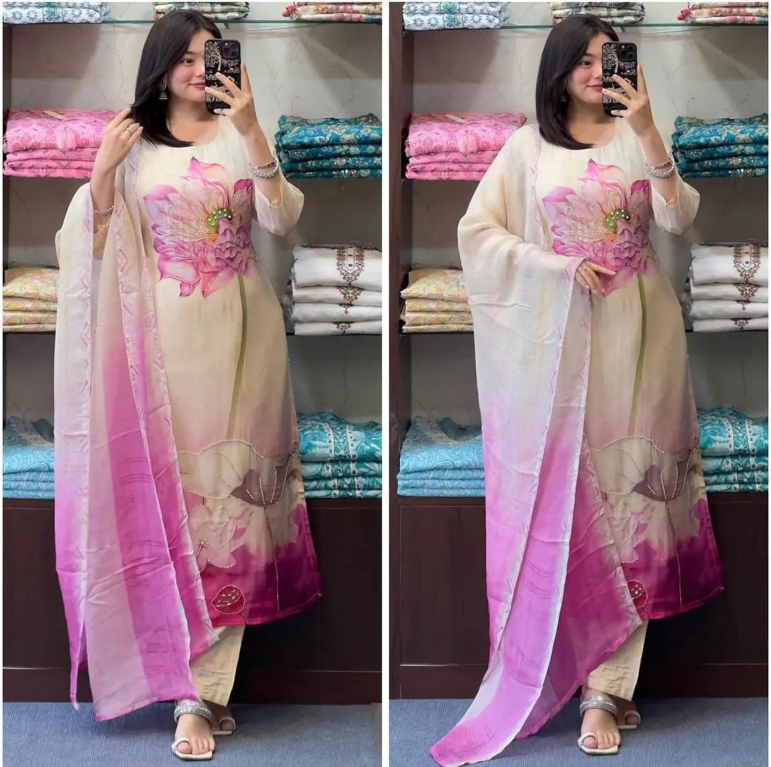 Buy Amazing Floral Digital Organza With Hand Work Neck Suit Set  Women’s Fashion Online - We Shine