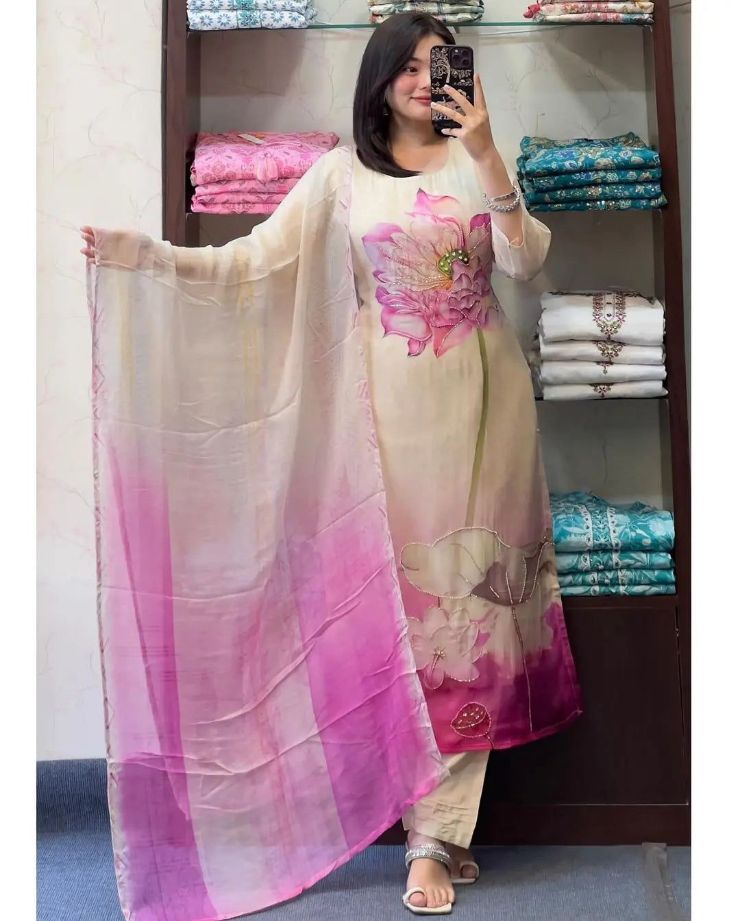 Buy Amazing Floral Digital Organza With Hand Work Neck Suit Set  Women’s Fashion Online - We Shine